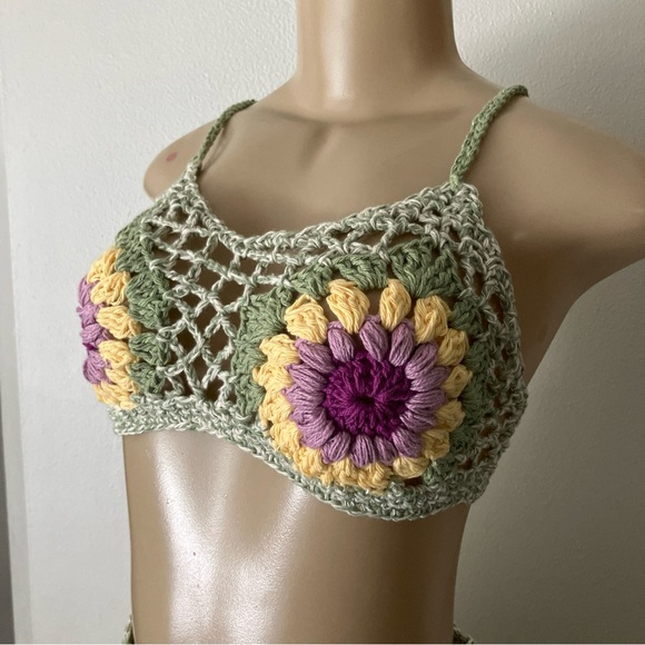 Summer Crochet Crop Tank Cheeky Shorts Set Granny Squares Sexy M High Waist - Picture 4 of 16